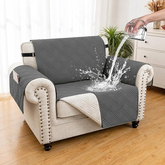 100% Waterproof Couch Cover for Dogs, Anti-Slip Washable Sofa Cover with Elastic Straps & Side Pockets, Durable Furniture Protector for Kids, Pets & Dogs (Armchair 23", Darkgrey) by Unknown