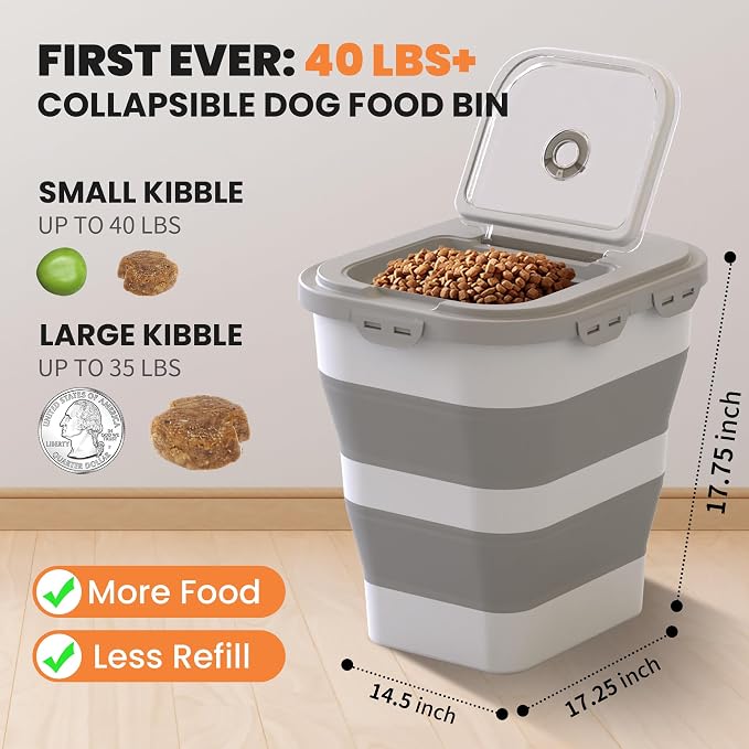 35-40Lbs Airtight Dog Food Storage Container Collapsible Dog Food Container | Large Pet Food Storage Container with Lid, Wheels,Date Track,Keep Fresh for Rice,Flour,Sugar,Scoop,2PCS Container - Image 2