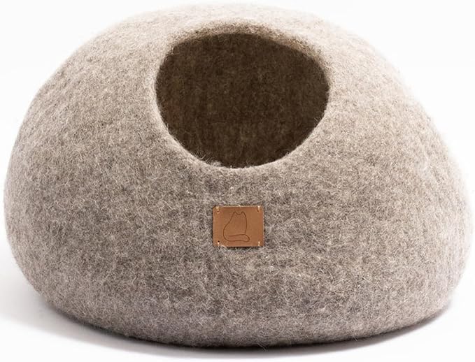Extra Thick Felted Wool Cat Cave Bed Your Pet Will Love - Cozy and Warm Hideaway for Sleeping & Relaxing - Large and Small Pets - 100% Organic, Durable, Long-Lasting Comfort (Earth Brown, Small) by FuzzyCove