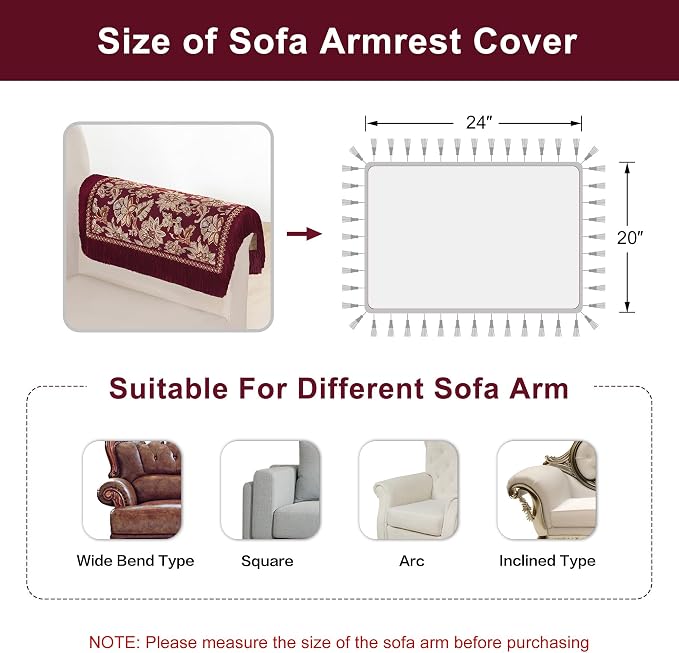 Loom and Mill Vintage Jacquard Sofa Arm Covers 2 PCS, Burgundy, 20x24in | Elegant Floral Couch Armrest Cover with Tassels, Non-Slip Furniture Protector for Chair Sofa Recliners Couch Dogs Pets - Image 3