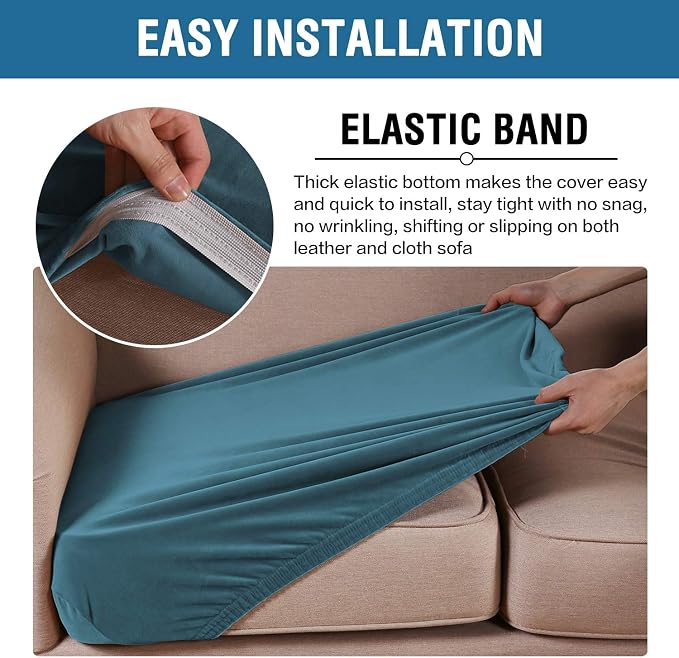 H.VERSAILTEX Velvet Stretch Couch Cushion Cover Plush Cushion Slipcover for Chair Loveseat Sofa Cushion Furniture Protector Seat Cushion Sofa Cover (2 Piece Large Sofa Cushion Covers, Peacock Blue) - Image 4