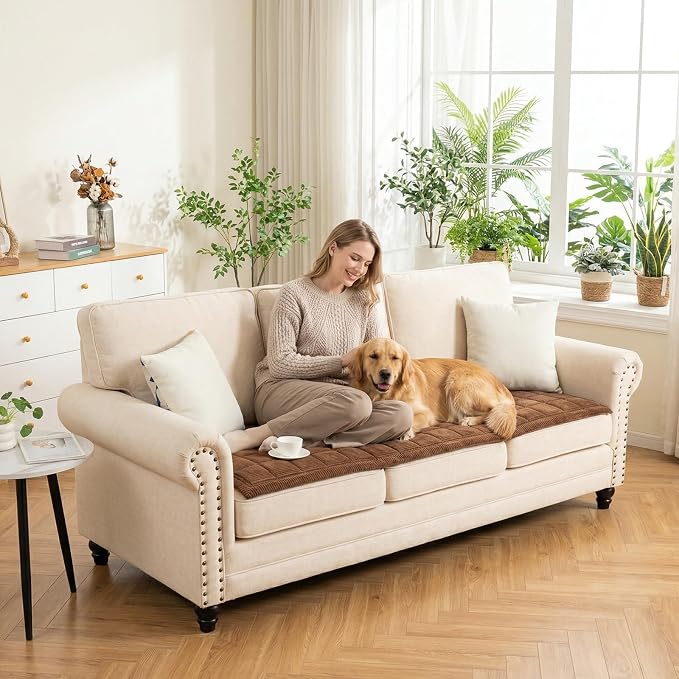KRFOONN Couch Cover for Dogs Washable Sofa Covers for 3 Cushion Non-Slip Fuzzy Couch Cushion Covers Sofa Slipcovers Couches Furniture Protector for Dogs Pets Mat (Coffee, 27.6" x 70.9") - Image 2