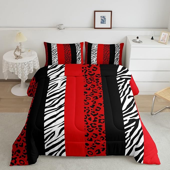 Leopard Print Comforter Set Queen,Zebra Skin Texture Bedding Set 3pcs for Kids Teens Girls Woman Room Decor, Striped Fashion Quilt Set Black White and Red Duvet Insert with 2 Pillowcases - Image 4