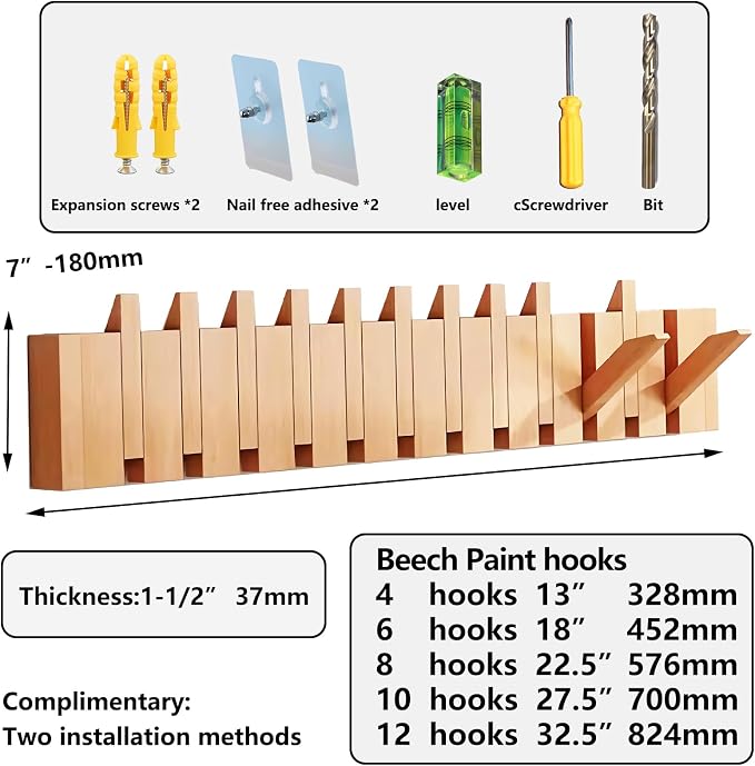 Wall Mounted Coat RackHooks Piano Key Hangers Natural Solid Wood Hanger Non-Woven Fabric Clothes Hangers for Closet, Kitchen, Bedroom, Bathroom, Entryway (Beech, 6 Hooks) - Image 3
