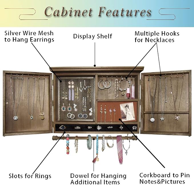GLANT Rustic Wall Mounted Jewelry Organizer with Wooden Barndoor Decor， Wall Mount Holder,Jewelry holder for Necklaces, Earings, Bracelets，Ring Holder. Includes matching hook organizer (wood color) - Image 2