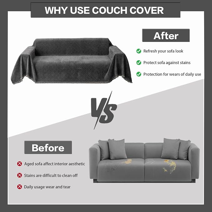 DREAMINGO Modern Chenille Couch Cover Blanket Washable Sofa Covers for 3 Cushion Couch Diamond Weave Textured Furniture Protector for Dogs Soft Dark Grey Couch Throw Cover, XX-Large 71"x150" - Image 5