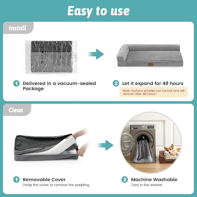 COZY KISS Orthopedic Dog Bed for Extra Large, XXL Dogs Bed, L Shaped Foam Anti-Slip Bottom Giant Pet Cat Sofa with Washable Cover, Suitable for Pet Up to 150 lbs, 48x32x7.5 inch, Grey - Image 7