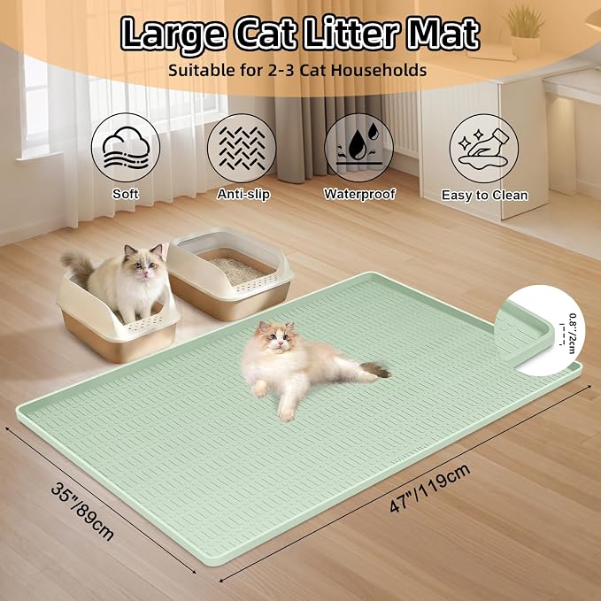 Silicone Cat Litter Mat 47" x 35" Cat Mat for Litter Box, Green | Extra Large Cat Litter Trapping Mat for Floor, Waterproof, Non-Slip Kitty Litter Box Mat with Raised Edge, Easy to Clean - Image 2