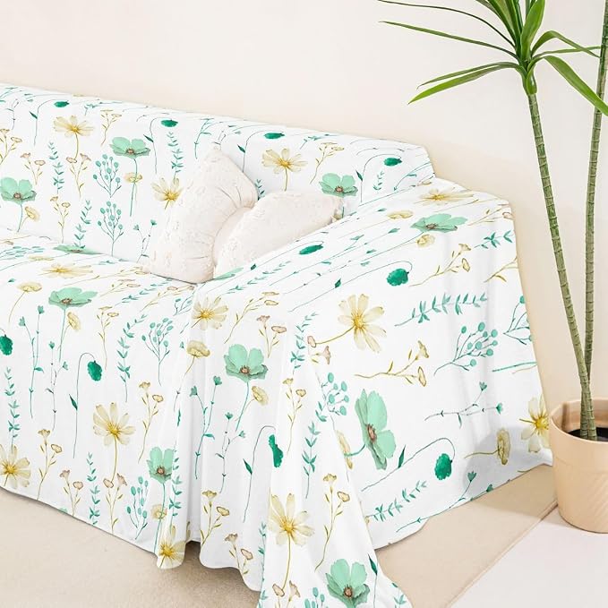Erosebridal Watercolor Floral Sofa Cover Mint Green Beige Flower Couch Cover Modern Minimalist White Sofa Slipcover for Pets, Kids, Dog Rustic Farmhouse Washable Non Slip Couch Protector 71" X 150" - Image 5
