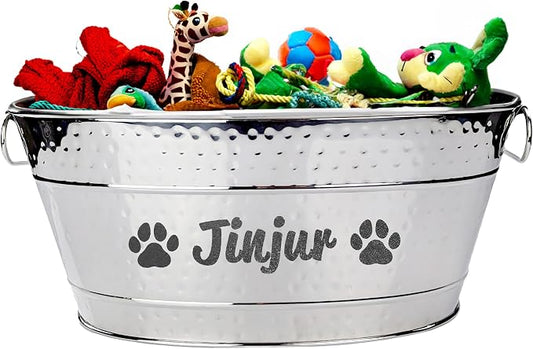 BREKX Personalized Metal Dog Toy Bin - Copper Galvanized Storage Bin with Handles, Basket for Pet Toys, Dog Toy Box, Pet Storage - Custom Dog Name Gift (Medium - Silver) by BREKX