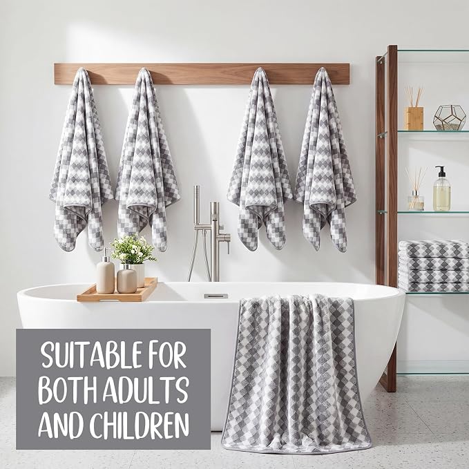 SmoothNovelty 16 Pack Microfiber Bath Towels Bulk 27'' x 60'' Oversized Size Bath Towel Highly Absorbent Extra Large Soft Drying for Beach Shower Summer Salon Sport Gym Party (Grid,Grey) - Image 6