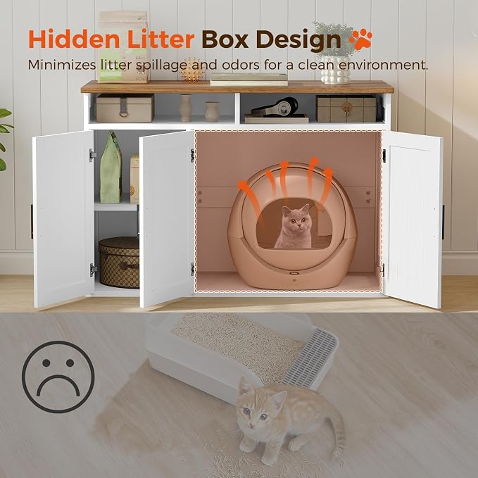 MAHANCRIS Cat Litter Box Enclosure for Self Cleaning Litter Boxes, Large Hidden Litter Box Furniture with Shelves, Wooden Cat Washroom Storage Cabinet, Automatic Litter Box Enclosure, White CWBZ3001 - Image 6