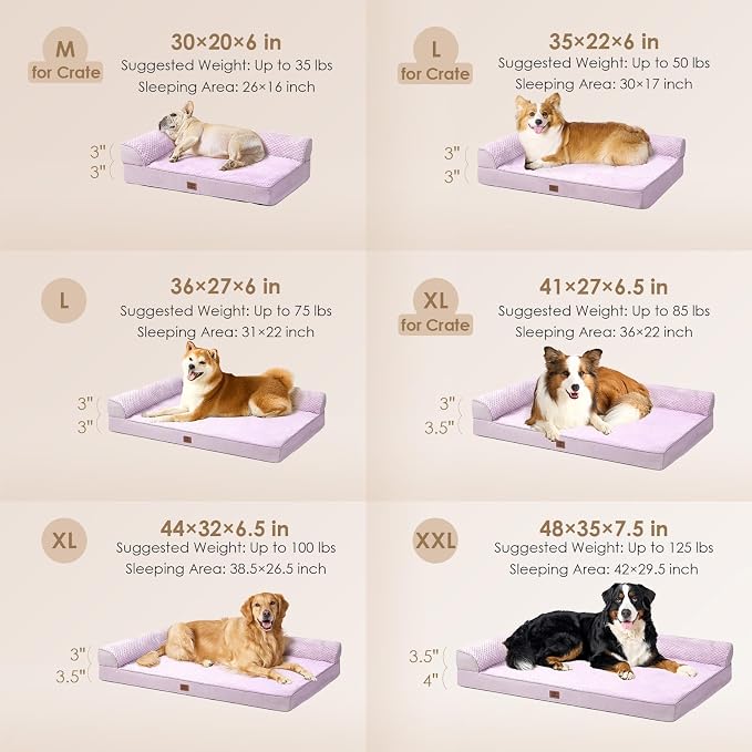 EHEYCIGA Orthopedic Dog Bed Medium Size Dogs, Memory Foam Dog Bed with Washable Removable Cover, Waterproof Pet Sofa Couch for Crate with Nonskid Bottom, 30x20x6, Lilac - Image 2