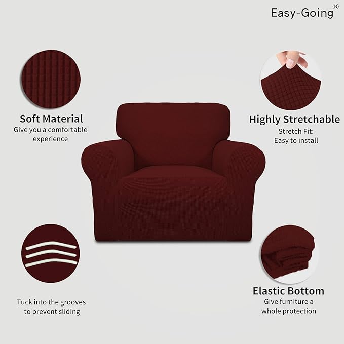 Easy-Going Stretch Chair Slipcover with Arm Washable Wine | 1-Piece Couch Sofa Cover Furniture Protector for Living Room Soft with Bottom For Kids, Pet. Spandex Jacquard - Image 3
