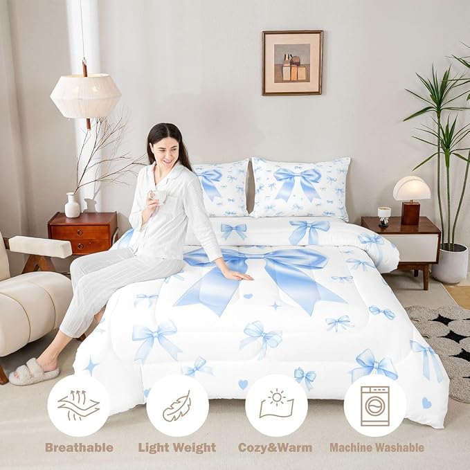 Manfei Cute Ribbon Bowknot Comforter/Duvet Set King Size,Blue Bow Ultra Soft Bed Collection,Kawaii Princess Style Bedding for Room Decor 3 Pcs,Microfiber Breathable - Image 3