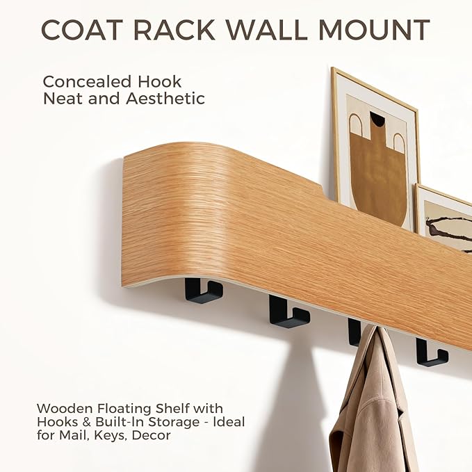 Coat Rack Wall Mount with Shelf Entryway Shelf Modern Key Holder Hanger Wall Shelves with Hidden Hooks for Hanging Towels Coats Hats Bags for Hallway Bathroom Bedroom (Oak, 5 Hooks) - Image 4