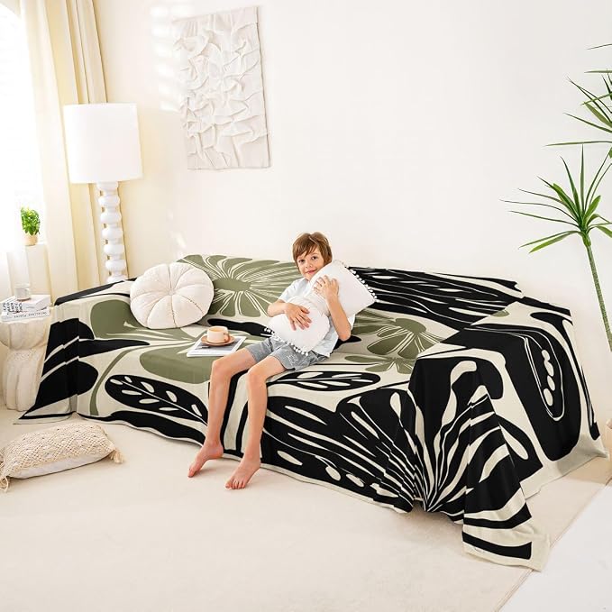 Erosebridal Black Sage Green Flower Couch Cover Abstract Floral Sofa Cover 71" X 150" Vintage Aesthetic Minimalist Sofa Protector For Pet Cats Kids Groovy 70S Modern Washable Couch Protector, Non Slip - Image 4