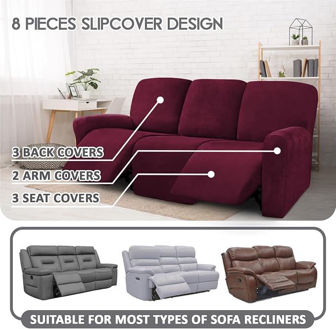 ULTICOR Velvet 8-Pieces Recliner Sofa Covers Stretch Reclining Couch Covers for 3 Cushion Reclining Sofa Slipcovers Furniture Covers Thick Soft Washable (3 Seater Recliner Cover, Wine) - Image 2
