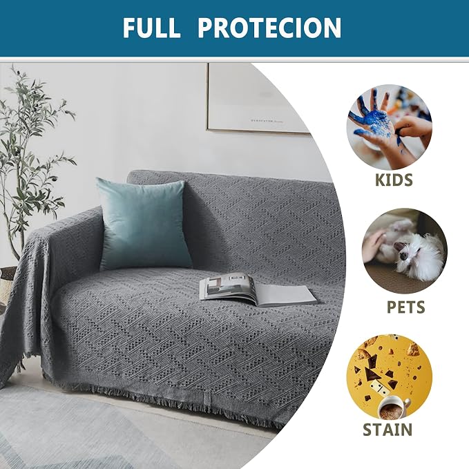 Homcosan Sofa Slipcovers Towel Cover Cotton Knit Geometrical Couch Cover for 4 Seat Cushion Couch Furniture Pet Protector Stylish Throws for Sectional Couch(Grey, Sofa-4 Seater) - Image 4