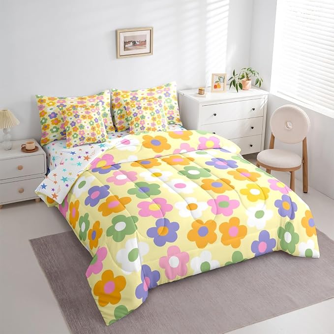 Feelyou Cute Flower 7 Piece Bedding Set Colorful Floral Comforter Set with Sheets for Kids Boys Girls Kawaii Theme Bed in a Bag Yellow Bed Set Soft Lightweight - Image 3