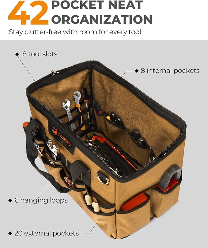 Foxrino Heavy Duty Tool Bag 16-Inch, 42-Pocket Portable Empty Tool Box Organizer Storage, Anti-Collapse Toolbox Organization, 1200D Oxford Soft Handle Carrying Toolbag, Gifts for Men Father Dad - Image 4