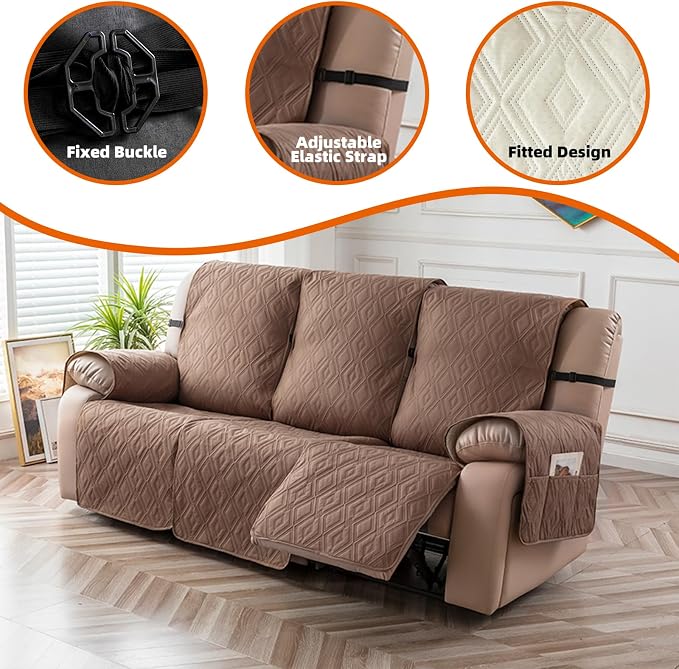 Genina Waterproof Couch Cover for Reclining Couch 3 Seater Non-Slip, Washable Recliner Sofa Covers for 3 Cushion Couch, Furniture Covers Couch Protector for Dogs Pets Kids (Camel, Recliner Sofa) - Image 6