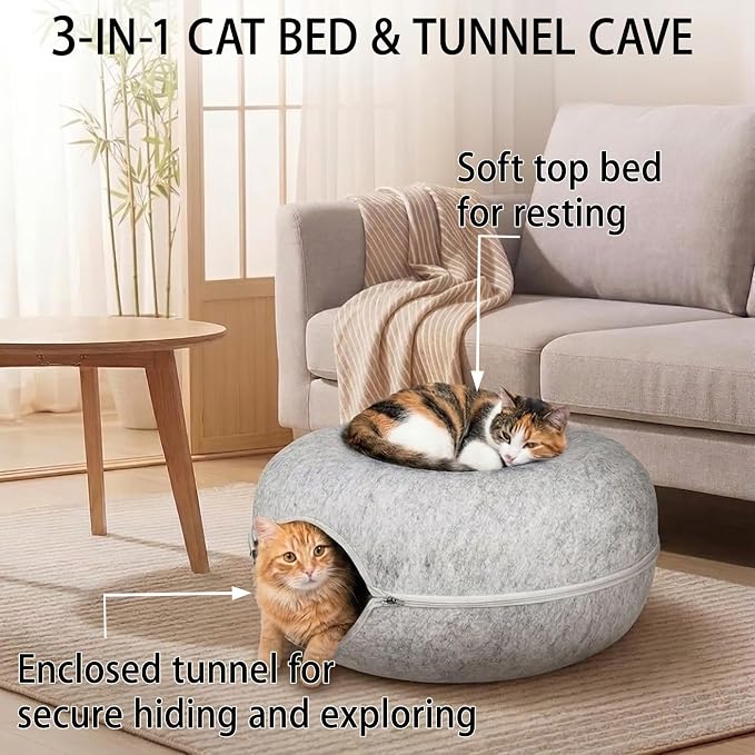 Cat Tunnel Bed for Heavy Big Cats up to 45 lbs - 24" Donut Cat Bed for Multi-Cat Home - Premium Detachable Zipper Felt Anti-Scratch Cat Cave Bed - Roomy Non-Collapsing Cat Hideaway & Peekaboo Toy - Image 3
