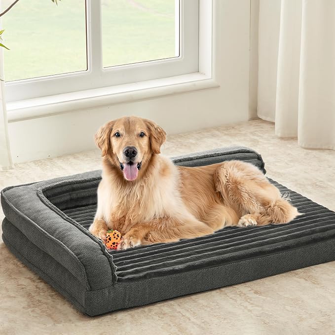 WINDRACING Orthopedic Dog Beds for Large Dogs 40x28 inch, L Shape Waterproof Dog Bed with Bolster Sides, Washable Big Pet Bed with Removable Cover & Non-Slip Bottom, Gray by WINDRACING