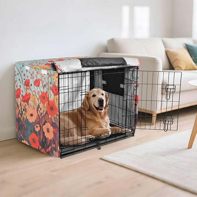 Dog Crate Cover Kennel Cover for Dog Cages Breathable for Wire Cage Indoor Outdoor Autumn Poppy Flowers - Image 6