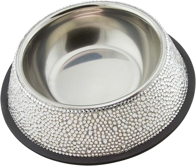 Strass Pet Bowl, Sparkling Rhinestones on Stainless Steel, Non-Slip Base, for Cats, Dogs, Other Pets, Food and Water, Silver, Medium, Sold Individually - Image 3