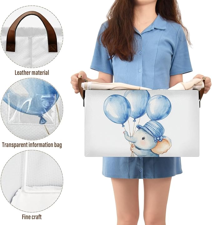 Cute Baby Elephant with Blue Balloon Storage Basket with Labels&Handles Rectangular Waterproof Nursery Storage Bins Collapsible Shelf Organizer Baskets for Kids Books Cloth Gift Basket Toys Laundry - Image 4