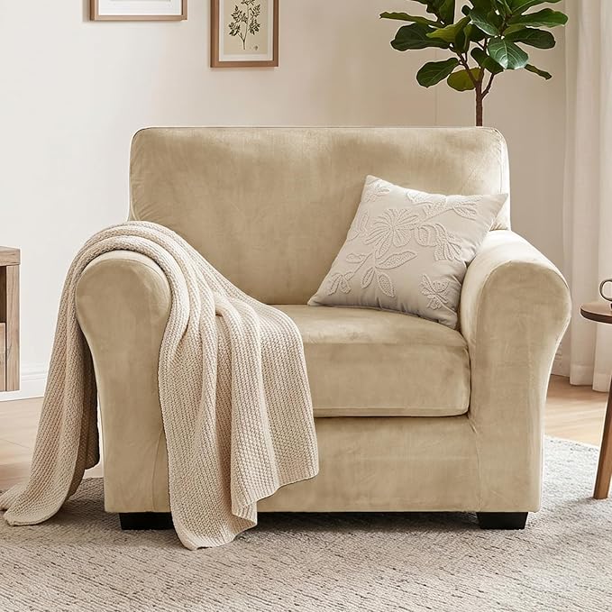 XINEAGE 2-Piece Velvet Armchair Sofa Cover, Couch Covers for Dog,Camel | 1 Cushion Chair,Stretch Non-slip Elastic, Pet-friendly, Washable, Fast Setup, Soft Plush Fabric, Furniture Protector. - Image 4