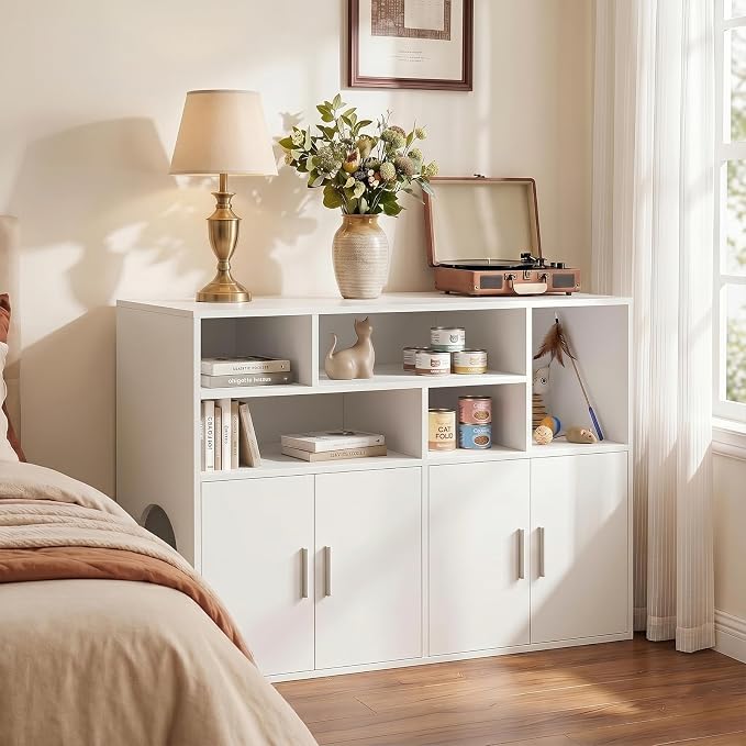 Amunrbrek Double Litter Box Enclosure, Hidden Cabinet with Storage, White | Pass-Through Design Makes Cats Feel Safe - Image 2