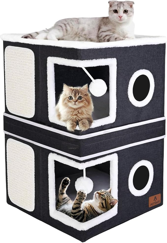 2-Story Cat House for Indoor Cats, Dual-Purpose Cat Cave Bed with Scratch Pad and Fluffy Ball, Foldable Cat Hideaway, Cute Cat Condo Furniture for Multi Small Pet Kitten, Dark Grey by Unknown