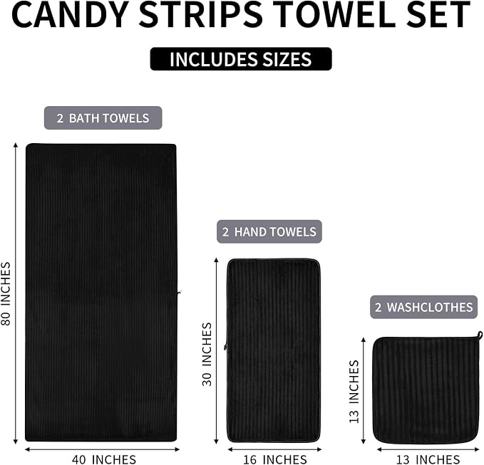 6 Piece Bath Towel Set, 40"x80" Oversized Bath Sheets, Black | Microfiber, Quick Dry, Highly Absorbent, Towels for Bathroom, 2 Extra Large Bath Towels, 2 Soft Hand Towels, 2 Washcloths - Image 9