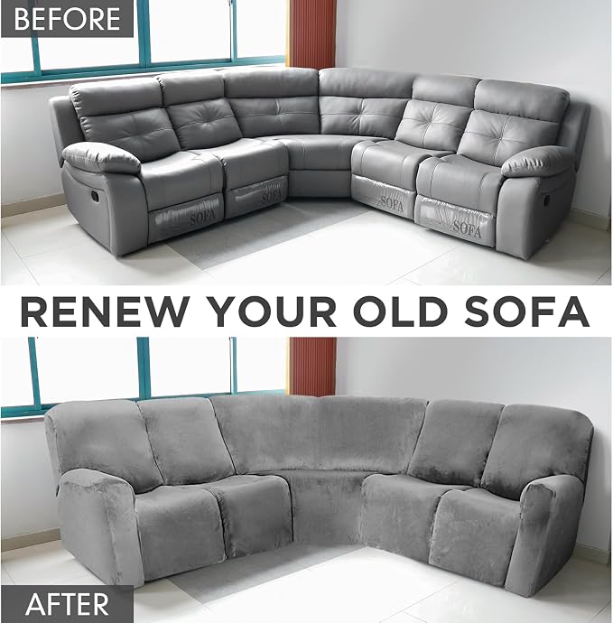 Peryiter 7 Pcs L Shape Sectional Recliner Sofa Covers 5 Seat Sectional Couch Covers Milk Silk Velvet Stretch Reclining Sofa Slipcover Furniture Protector for Living Room(Dark Gray,Velvet) - Image 5
