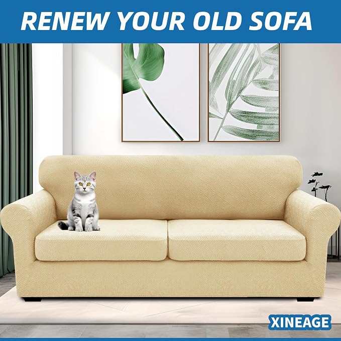 XINEAGE 2026 New 3 Pieces Couch Covers for 2 Extra Large Cushion Sofa Super Stretch Sofa Cover for 2 Large Seat Cushion Universal Loveseat Slip Cover for Living Room (Beige), 71"-91"(2 Cushions) - Image 4
