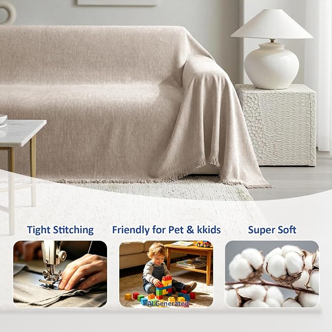 Chenille Couch Cover for Dogs, Boho Sofa Cover Washable Couch Cover, 3 Cushion Sofa Cover, Pet Throw Blankets for Couches with Tassel Furniture Protector Covers,71"×118",Khaki - Image 6