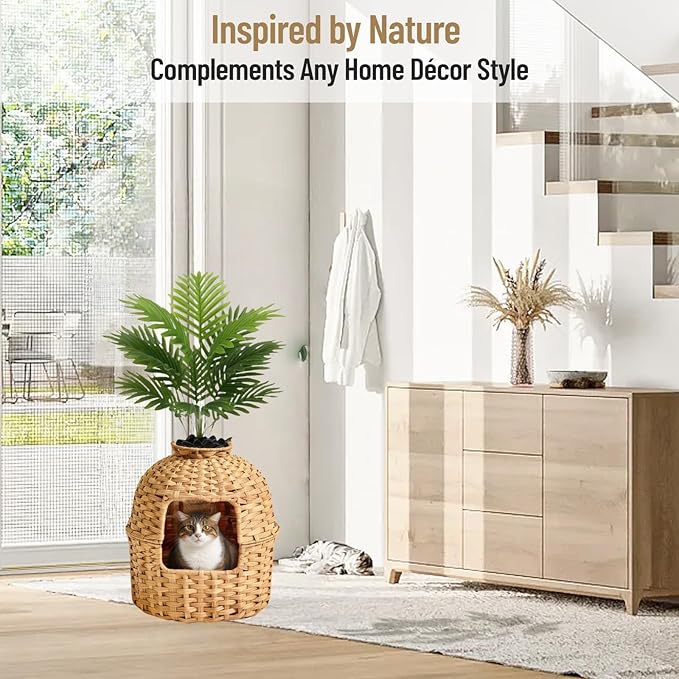 Cat Litter Box Enclosure Furniture with Artificial Plant - Handwoven Rattan Round Planter, Easy Clean, for Living Room, Bedroom, Corner, Natural Decor