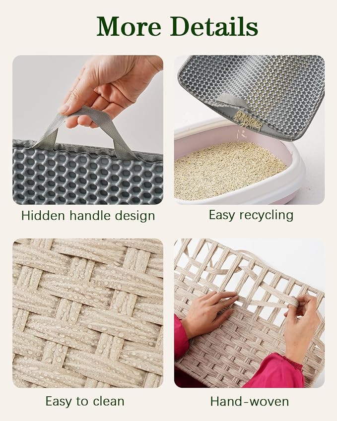 SETVSON Cat Litter Box Enclosure Furniture, Hidden Litter Box, Cat Litter Box Cabinet with 2 Litter Mats, Handwoven Rattan Large Space Cat House Indoor, Living Room, Bedroom, Apartment Light Khaki - Image 6