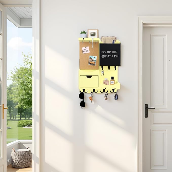 Key Holder Wall Mount， Mail Organizer Key Holder for Wall with Shelf, Drawer, Chalkboard, Corkboard, Home Decor Wall Mounted for Room Entryway (Ivory Yellow) - Image 3
