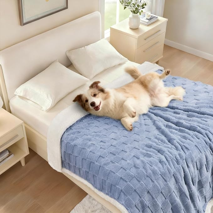 Luciphia Waterproof Dog Blanket, Reversible Fleece & Sherpa, Couch Cover | Soft plush fluffy, washable, puppy, cat, dog bed, crate, car seat, sofa, throw, furniture protector,Blue,Medium(57" x 40") - Image 6