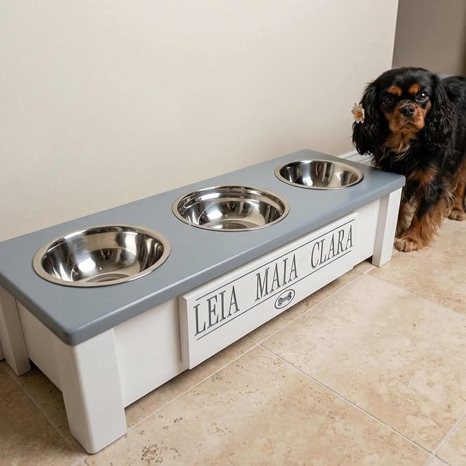 3 Bowl Dog Feeding Station, Personalized Triple Bowl Food Stand Small Dogs | Farmhouse Style, Elevated Wood Stand, Storage Container, Stainless Steel Bowls, Raised Feeder, Small Breed, Made in USA - Image 3