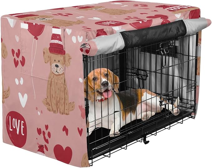 Dog Crate Cover Kennel Cover for Dog Cages Breathable for Wire Cage Indoor Outdoor Pink Dog and Balloon Love - Image 2
