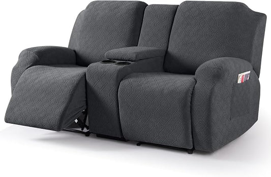 VANSOFY Recliner Loveseat Cover with Middle Console Stretch Reclining Sofa Slipcover for 2 Seat Jacquard Reclining Couch Sofa Covers Furniture Protector with Elastic Straps Bottom (Black Gray) | 4-Pieces, Soft Furniture Protector, Washable Slipcover wi... by VANSOFYFURNITURECOVERS