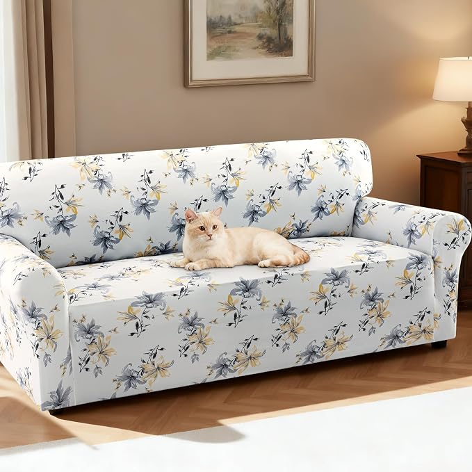 H.VERSAILTEX Printed Couch Cover for Dogs Washable High Stretch Sofa Covers for 3 Cushion Couch Super Soft Sofa Slipcovers Floral Pattern(Vintage Petal-Yellow,Sofa) - Image 2