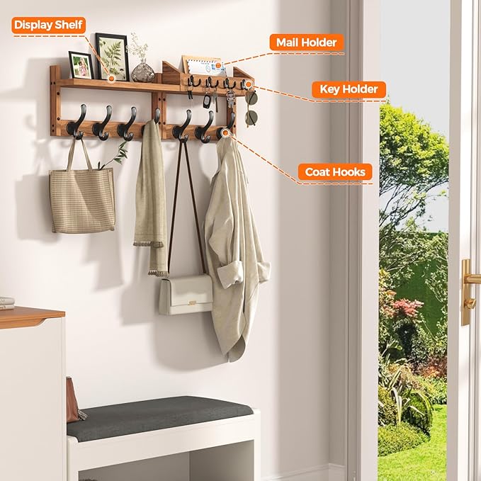 Evermagin 29" Coat Rack Wall Mount with Shelf & 11 Hooks, Entryway, Brown | 4-in-1: coat hooks, key hanger, mail holder & display shelf. Pine wood. For bedroom, hallway, mudroom, livingroom. - Image 4