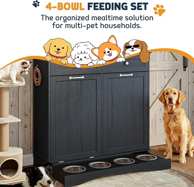 Double Door Dog Feeding Station with Storage, 10 Gallons Tilt Out Trash Can Cabinet, Dog Food Cabinet with Dog Bowls, Pet Organizer Cabinet for Kitchen/Living Room (Black, Double Door) - Image 5