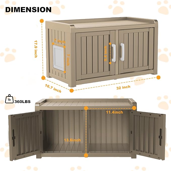 Cat Litter Box Enclosure Resin Hidden Cat Litter Box Furniture Multi-Functional Double Door Spacious Odorless Waterproof UV-Resistant Indoor Outdoor Use Grey - Image 5