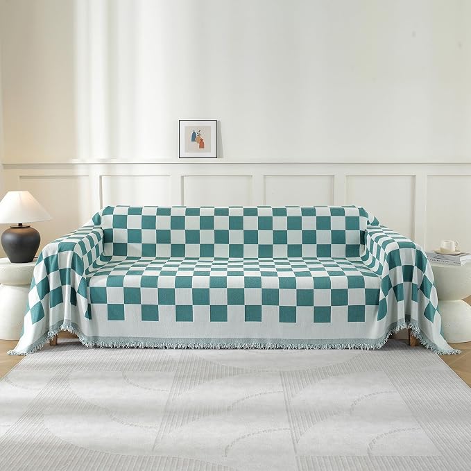 Couch Cover for Sofa, Boho Sofa Cover Washable Couch Cover for Dogs, Pet Sofa Cover for 2-Cushion Couches with Tassel Furniture Protector Cover,71" x 118",Lake Green-Square by YSTELLAA